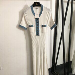 Sandro new fringed denim patchwork knit dress